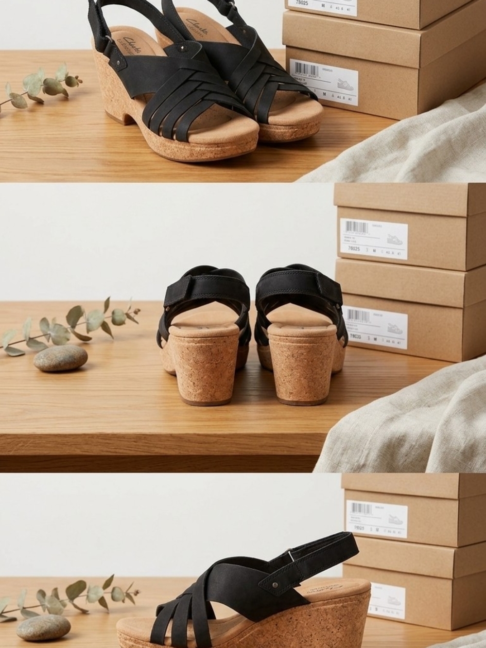 Clarks Black‎ Leather Cork Wedge Sandals